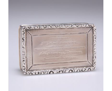 A WILLIAM IV SILVER SNUFF BOX,&nbsp;by&nbsp;Edward Smith, Birmingham 1836, rectangular with scroll and flowerhead border, eng