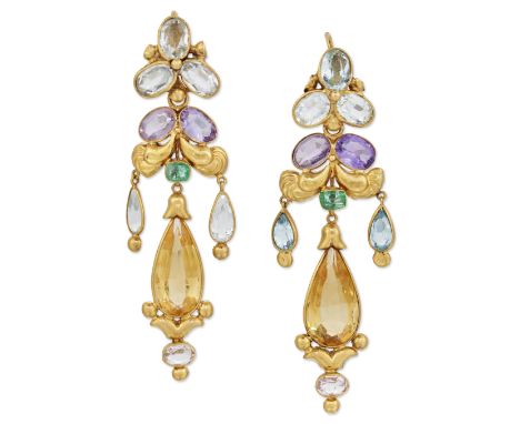 A PAIR OF GEM SET PENDANT EARRINGS, articulated drops set with vari-cut aquamarine, amethyst, emerald, citrine and white topa