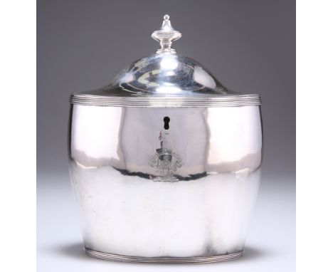 A SCOTTISH GEORGE III SILVER TEA CADDY,&nbsp;by&nbsp;William &amp; Patrick Cunningham, Edinburgh 1797, oval, with reeded edge