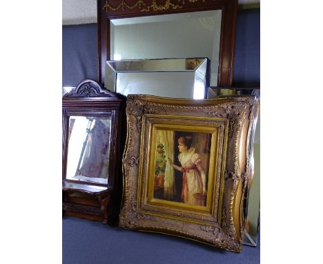 OVERMANTEL MIRROR, small wooden mirror with shelf, gilt framed print - lady looking through a window ETC