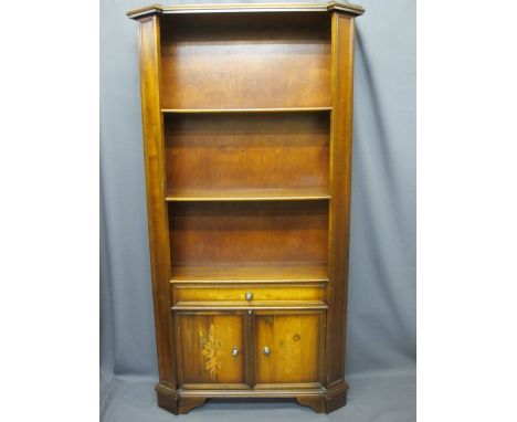 ITALIAN INLAID SHELF UNIT with lower drawer and cupboard doors, 179cms H, 92cms W, 26cms D