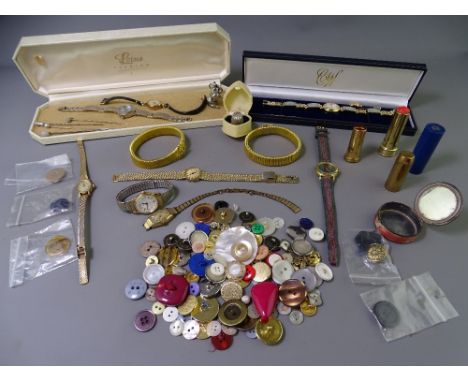 LADY'S WATCHES &amp; OTHER COLLECTABLES - a mixed quantity, including a heart shaped celluloid box containing a thimble, a si