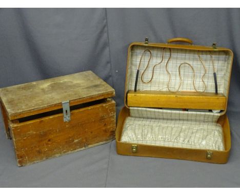 VINTAGE SUITCASE with copper tube steady hand puzzle and a vintage lidded wooden box