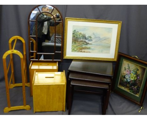 PARCEL OF MIXED FURNITURE ETC including a reproduction mahogany nest of three tables, two light wood storage stools and a tow