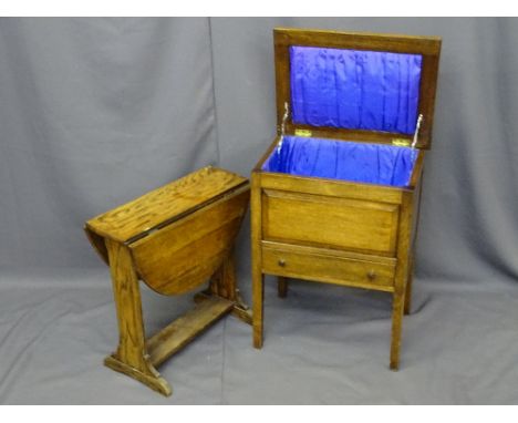 VINTAGE OAK SEWING BOX/WORK TABLE and a twin flap occasional table with twist top