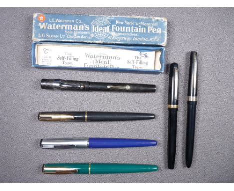 WATERMAN - Three modern 1990s Waterman Reflex fountain pens with hexagonal caps - one black and one green (gold coloured trim