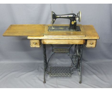 VINTAGE SINGER SEWING MACHINE TABLE with pedal drive cast iron base, 78cms H, 87cms W, 41cms D