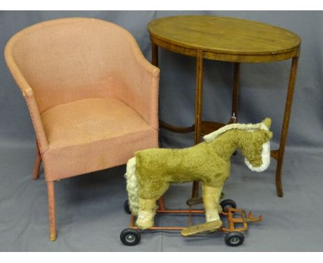 INLAID OVAL MAHOGANY TWO TIER TABLE, Lloyd loom type armchair and vintage plush sit-on toy