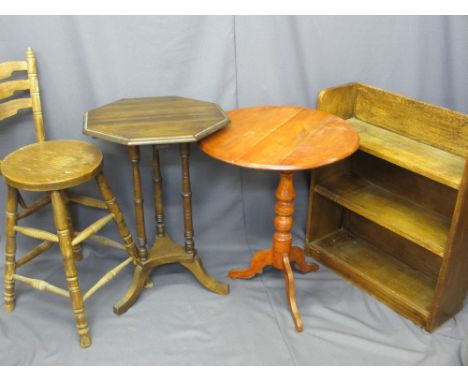 VINTAGE OCCASIONAL FURNITURE, four items to include an open bookcase, tilt top tripod table, octagonal topped table and a bar