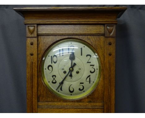 ARTS &amp; CRAFTS STYLE OAK LONGCASE CLOCK, Gustav Becker eight day pendulum driven movement to a silvered dial set with styl