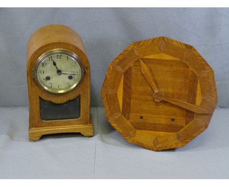 CLOCKS - an oak cased dome top mantel clock and an unusual Deco walnut wall clock