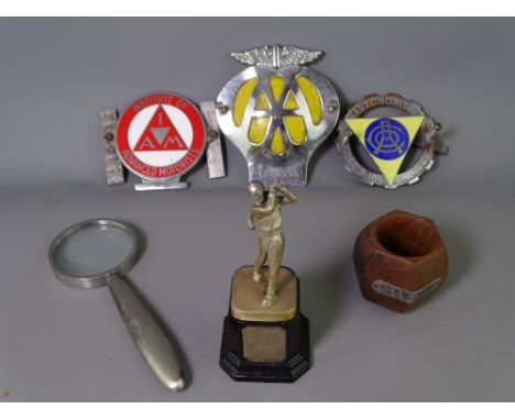 MOTORING BADGES &amp; OTHER COLLECTABLES including a French Automobile Club badge, a white metal golf trophy and a napkin rin