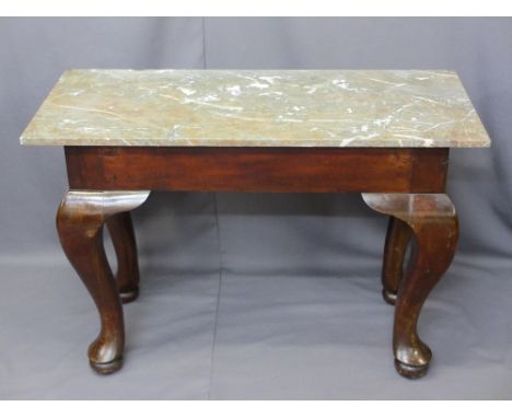 RECTANGULAR MARBLE TOPPED CONSOLE TABLE on substantial supports, 73.5cms H, 107cms L, 46cms D