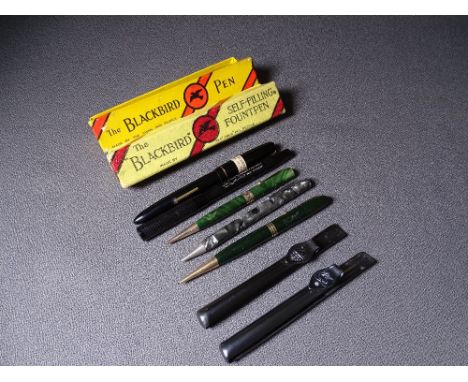 MABIE TODD - Three vintage 1940s Mabie Todd Mechanical Pencils, 1) black Fyne Poynt with gold trim to the clip, triple bands 