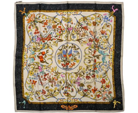 Twill scarf "Pierres d'orient et d'occident". HERMES 90 cm scarf in twill silk, off-white background and grey marbled frame, 