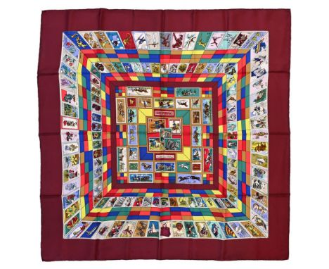 Twill scarf "Correspondance". HERMES scarf 90 cm in twill silk, burgundy background and burgundy frame, signed Cathy Latham. 