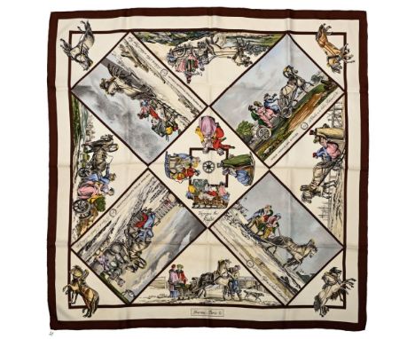 Twill scarf "Voyage en Russie" HERMES 90 cm scarf in twill silk, off-white background and brown frame, signed Loïc Dubigeon. 
