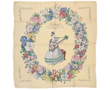 Twill scarf "Floréal". HERMES 90 cm scarf in twill silk, creamy yellow background and frame, signed Hugo Grygkar. This model 