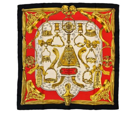 Twill scarf "Etriers" HERMES 90 cm scarf in twill silk, white background and red and black frame, signed Françoise de la Perr