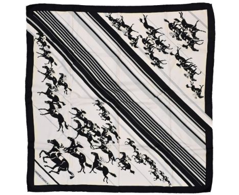 Twill scarf "Les Courses". HERMES 90 cm scarf in twill silk, white background and black frame, signed Yves Benoist - Gironièr