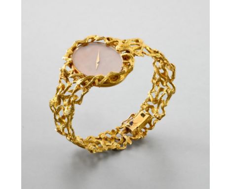  CHOPARD Chopard ladies watch and two ear clips set with angel skin coral cabochons The watch is a 1970 Chopard model, dresse