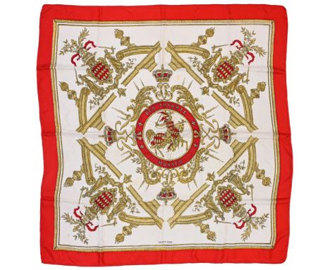 Twill scarf "Armes de Monaco" HERMES 90 cm scarf in twill silk, white background and red frame, signed Hugo Grygkar, this mod