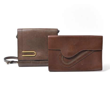 Two handbags Delvaux - Brown grained leather crossbody bag, gold trim representing an open D". Flap with a TOHPO button closu
