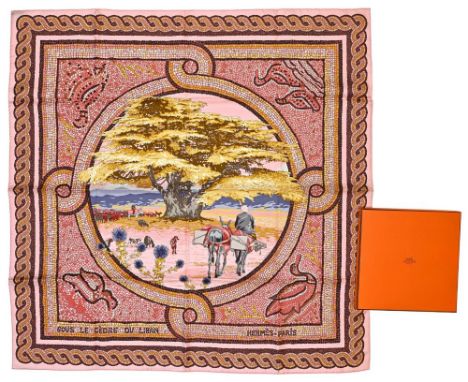 Twill scarf "Sous le Cèdre". HERMES 90 cm scarf in twill silk, pink background and frame, signed Dimitri Rybatchenko. Like ne