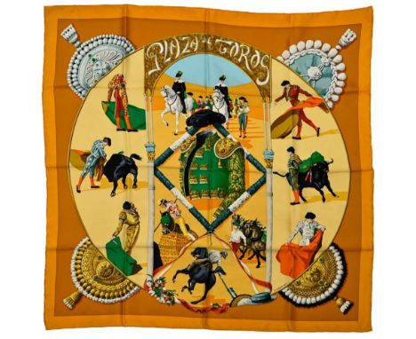 Twill scarf "Plaza de Toros". HERMES 90 cm scarf in twill silk, yellow-orange background and orange frame, signed Hubert de W