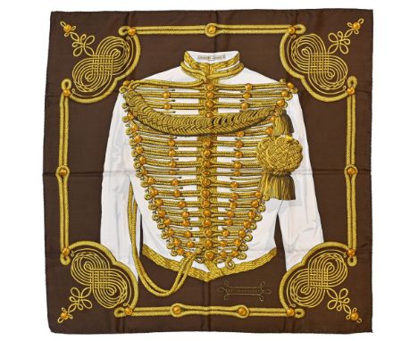 Twill scarf "Brandebourgs". HERMES 90 cm scarf in twill silk, brown background and brown frame, signed Cathy Latham. Very nic