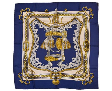 scarf "Bride de Cour". HERMES 90 cm scarf in twill silk, blue background and frame, signed Françoise de la Perrière. Pulled t