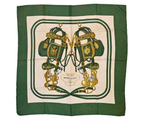 Twill scarf "Brides de Gala". HERMES 90 cm scarf in twill silk, white background and emerald green frame, signed Hugo Grygkar