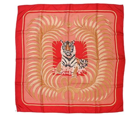 "Royal Tiger" twill scarf HERMES 90 cm scarf in twill silk, pale pink background and raspberry pink frame, signed Christiane 