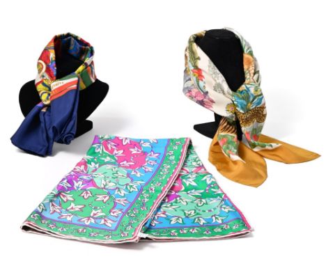 Gucci scarves lot Gucci, Emilio Pucci Two Gucci squares: Cocardes" - navy blue frame La Savane - salted butter caramel frame.