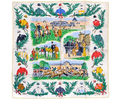 Twill scarf "Champ de courses à Chantilly". HERMES 90 cm scarf in twill silk, white background and white and yellow roll, sig