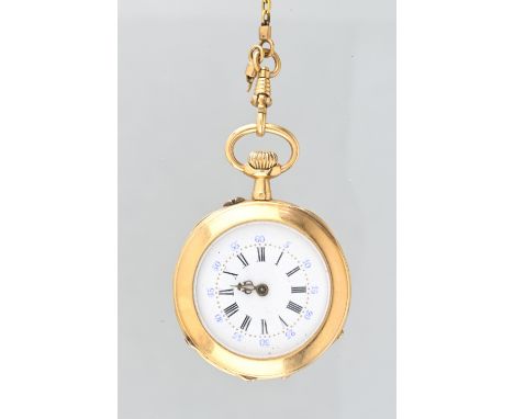 18k gold pocket watch White enamel dial with black Roman numerals, blue Arabic numerals and an oriental pointer. 18k gold cas