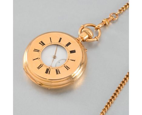 Pocket watch half hunter with double hinges. In 18-carat gold. White enamel dial, hours in Roman numerals, minutes in Arabic 