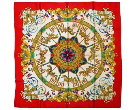 Twill scarf "Luna Park" HERMES 90 cm scarf in twill silk, off-white background and red frame, signed Joachim Metz Superb cond