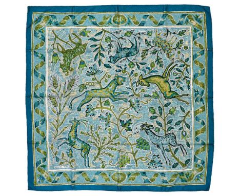 Twill scarf "Pavement". HERMES 90 cm scarf in twill silk, turquoise background and frame, signed Maurice Tranchant, this mode