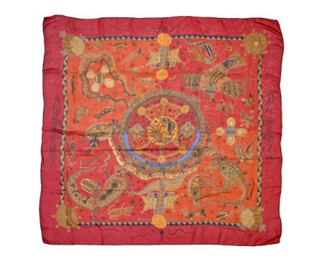 scarf 140 *140 "Rêves d'Australie" HERMES scarf 140 * 140 in silk muslin, red background and frame, signed Zoé Pauwels. Very 
