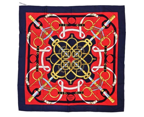 Twill scarf "Eperons d'or". HERMES 90 cm scarf in twill silk, red background and navy blue frame, signed Henri d'Origny. Good