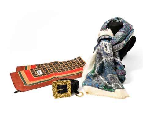 Two scarves and a belt YSL - A navy blue braided belt, gold buckle, size 90 - A wild silk scarf with a brown glazed border an