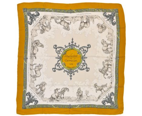 Twill scarf "Courbettes et Cabrioles". HERMES 90 cm scarf in twill silk, white background and mustard yellow frame, signed Fr