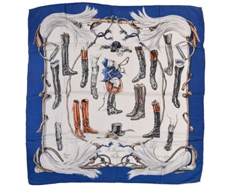 Twill scarf "A propos de bottes". HERMES 90 cm scarf in twill silk, white background and blue frame, signed Xavier de Poret, 