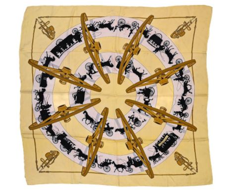 Twill scarf "Paris qui roule" HERMES 90 cm scarf in twill silk, white background and yellow frame, signed Hugo Grygkar, this 