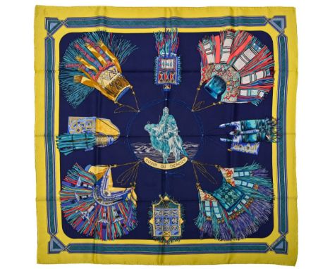scarf 90 cm "Cuir du désert" HERMES 90 cm scarf in twill silk, navy blue background and yellow border, signed Françoise de la