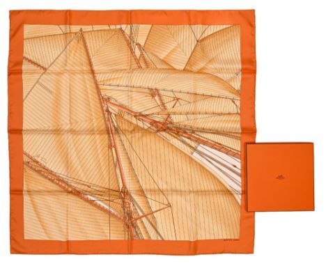 Twill scarf "Vent portant II, (detail)" HERMES 90 cm scarf in twill silk, orange background and frame, signed Yannick Manier.