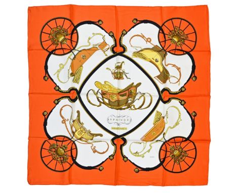 Twill scarf "Springs" HERMES 90 cm scarf in twill silk, white background and orange frame, signed Philippe Ledoux. In its Dut