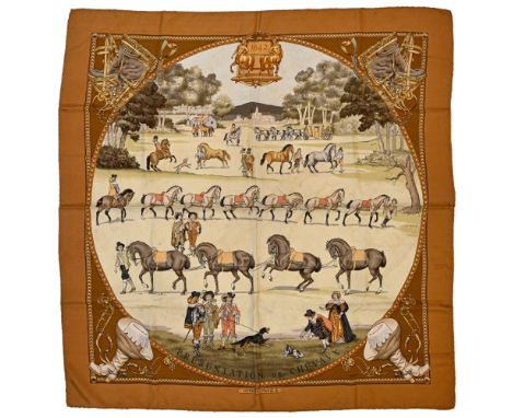 Twill scarf "Présentation de Chevaux" HERMES 90 cm scarf in twill silk, grey-green background and brown border, signed Philip