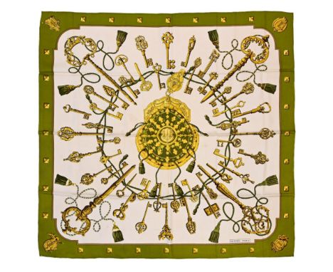 Twill scarf "Les Clefs". HERMES 90 cm scarf in twill silk, white background and green frame, signed Caty Latham. Nice vintage